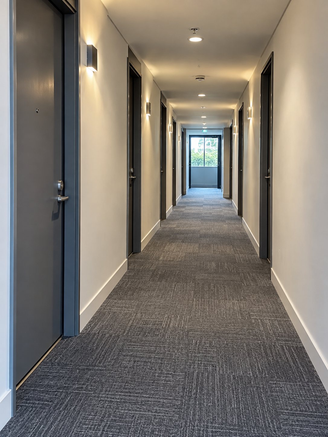 Clean apartment building corridor with freshly vacuumed carpet