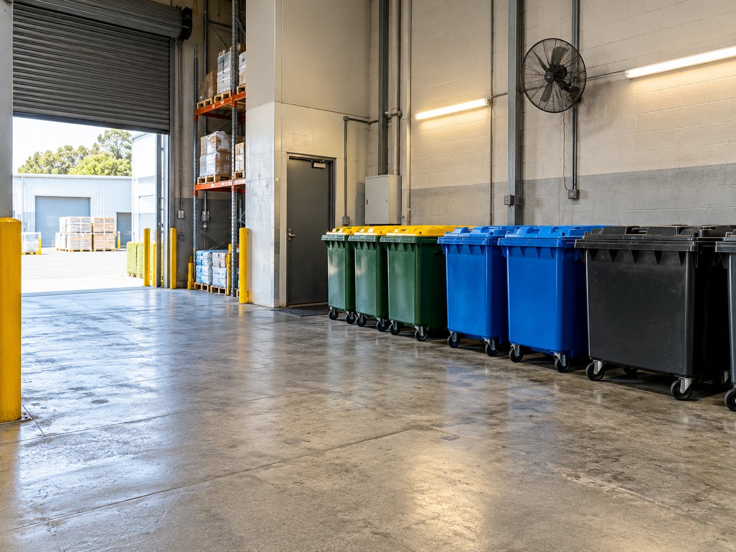 Clean warehouse loading dock with bins lined up beside the roller door