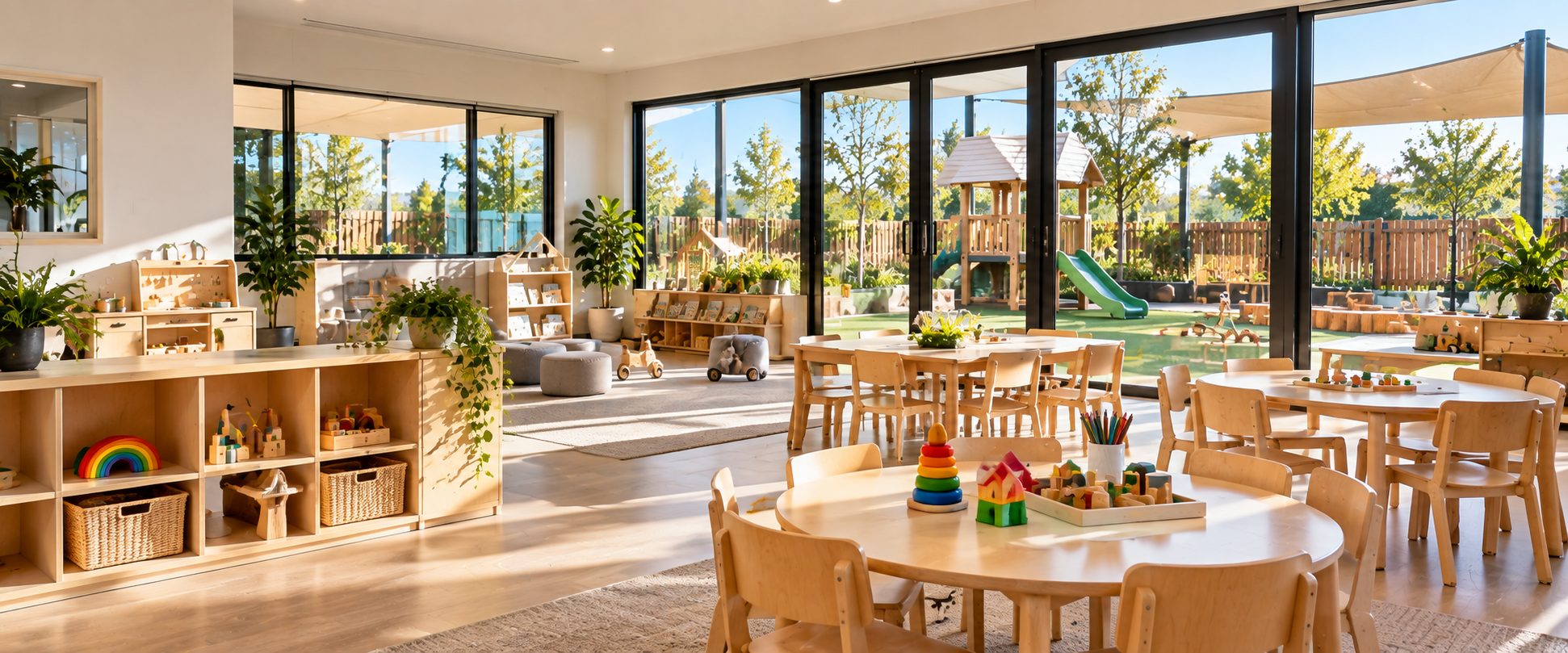 Bright, clean early learning room with timber tables and an outdoor play area