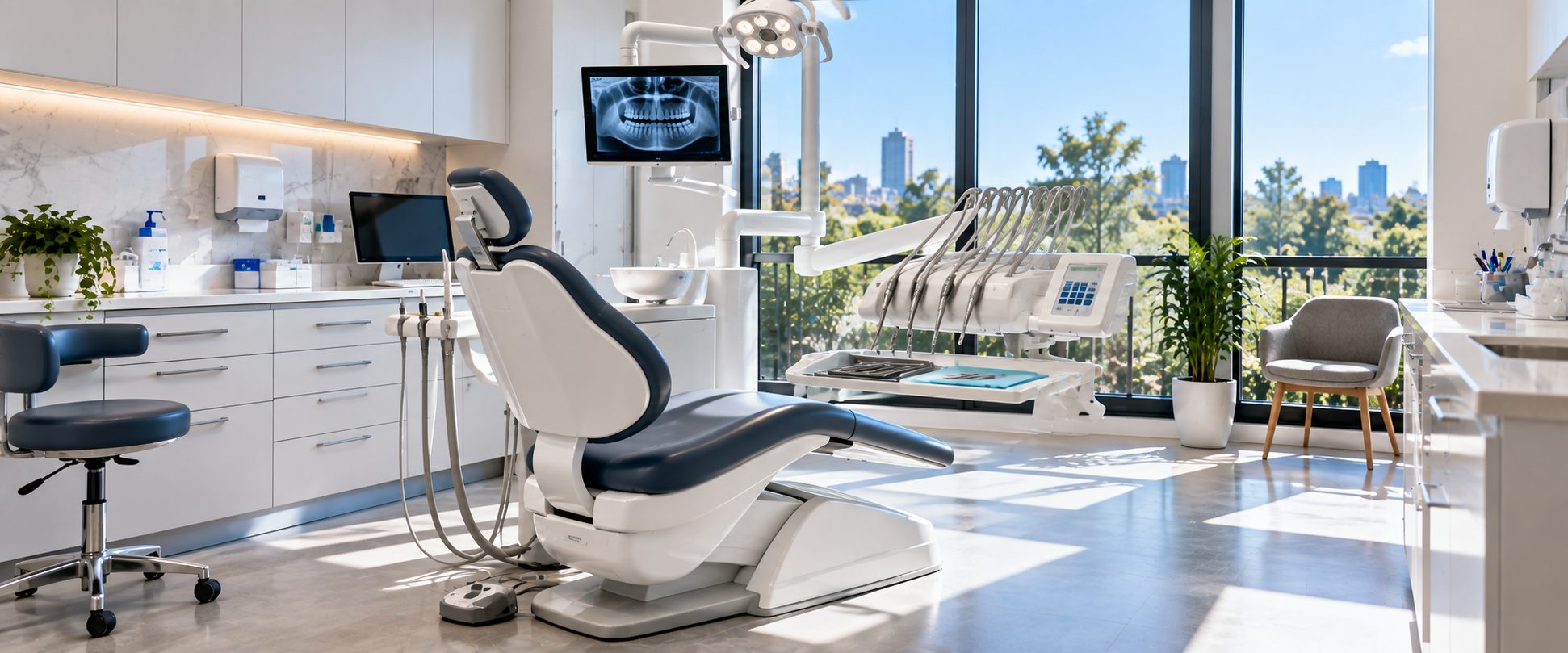 Clean, bright dental treatment room with chair, instruments and city views