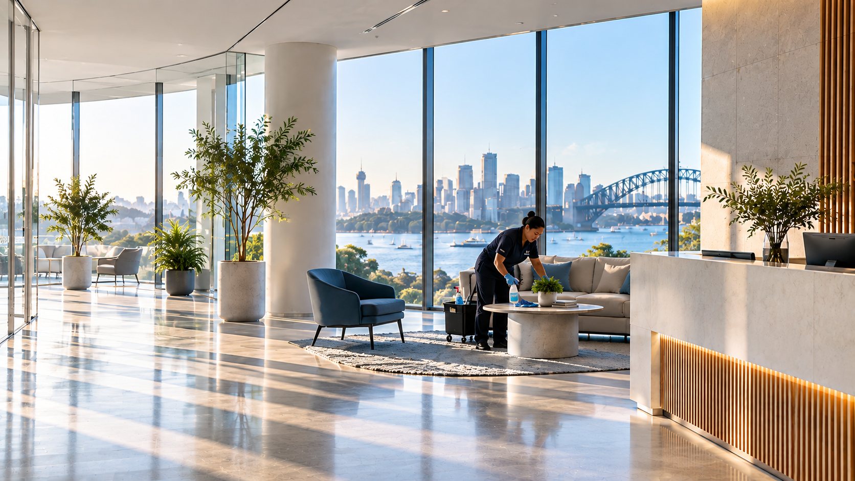 Cleaning staff at work in a bright Sydney office reception overlooking the harbour