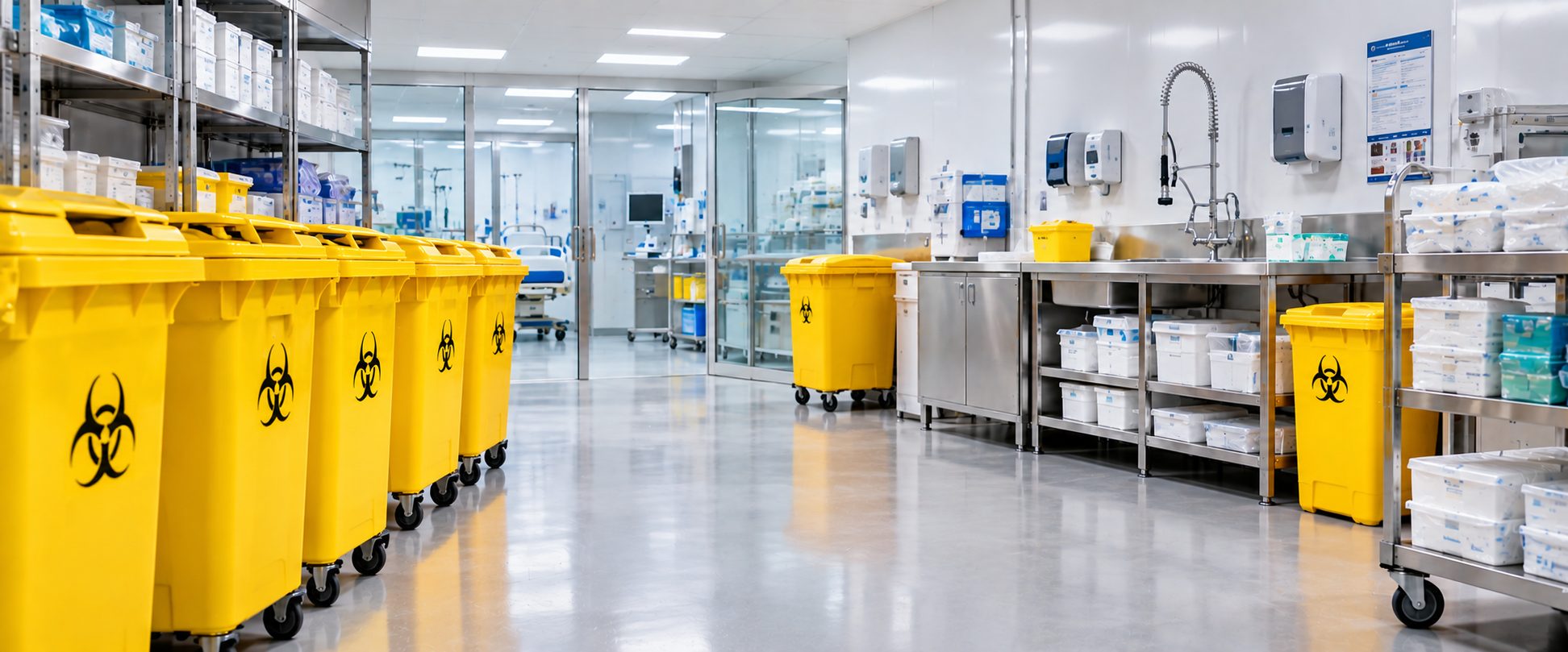 Yellow clinical waste bins lined up in a clean utility room
