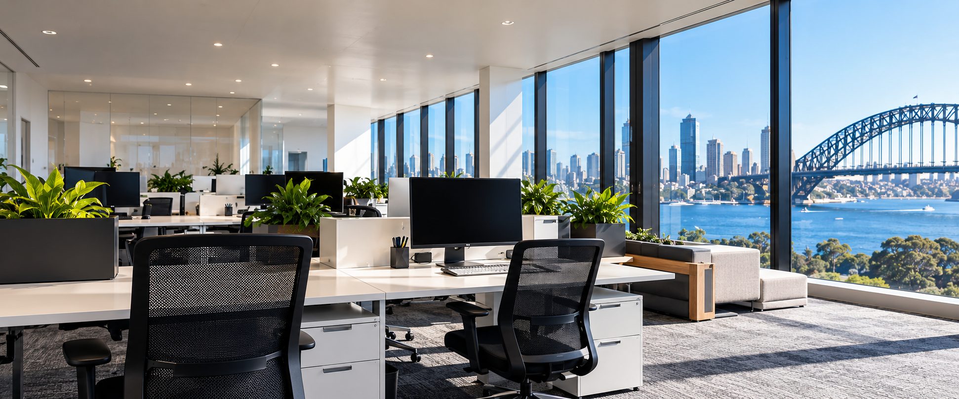 Clean open-plan Sydney office with harbour and Harbour Bridge views