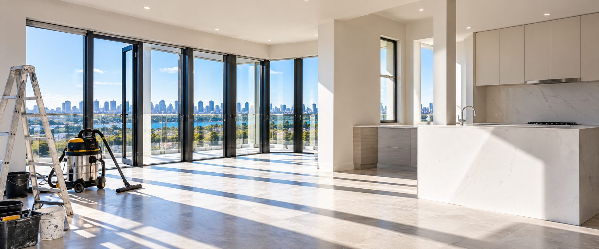 Newly built apartment with city views, cleaning equipment ready for the builders clean