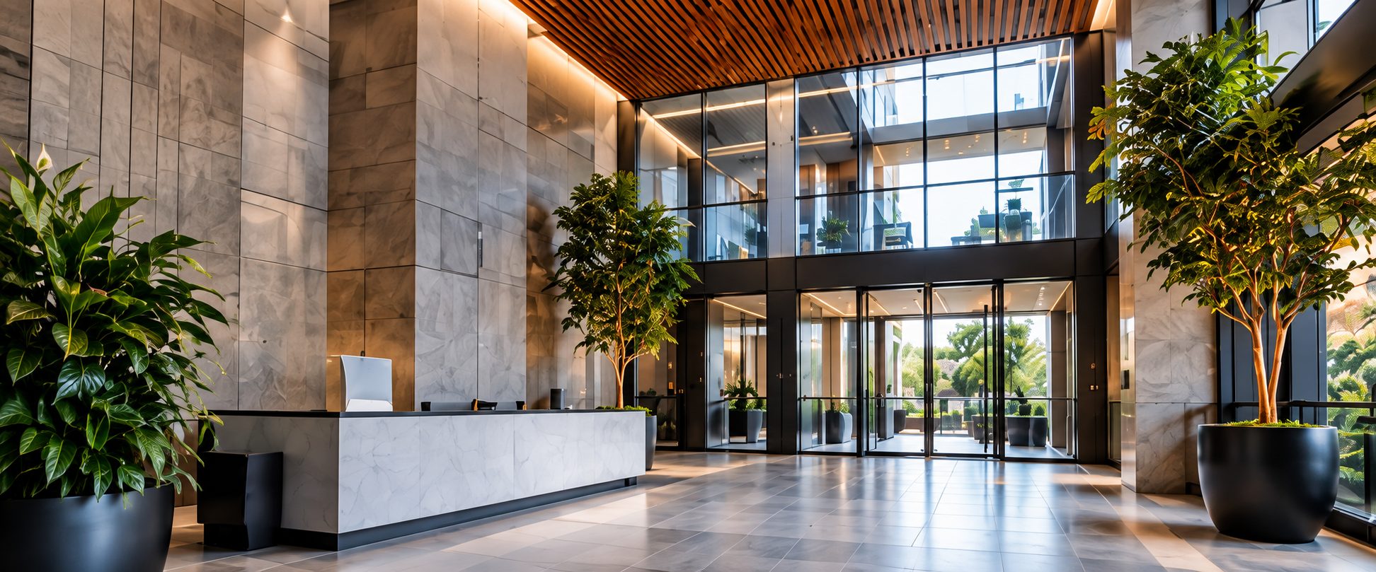 Bright strata building lobby with stone walls and a glass entry