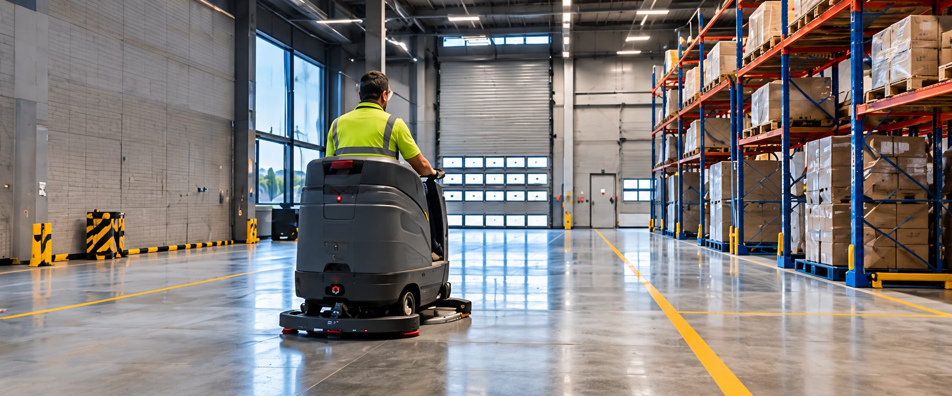 Cleaner operating a ride-on floor scrubber in a warehouse aisle beside pallet racking